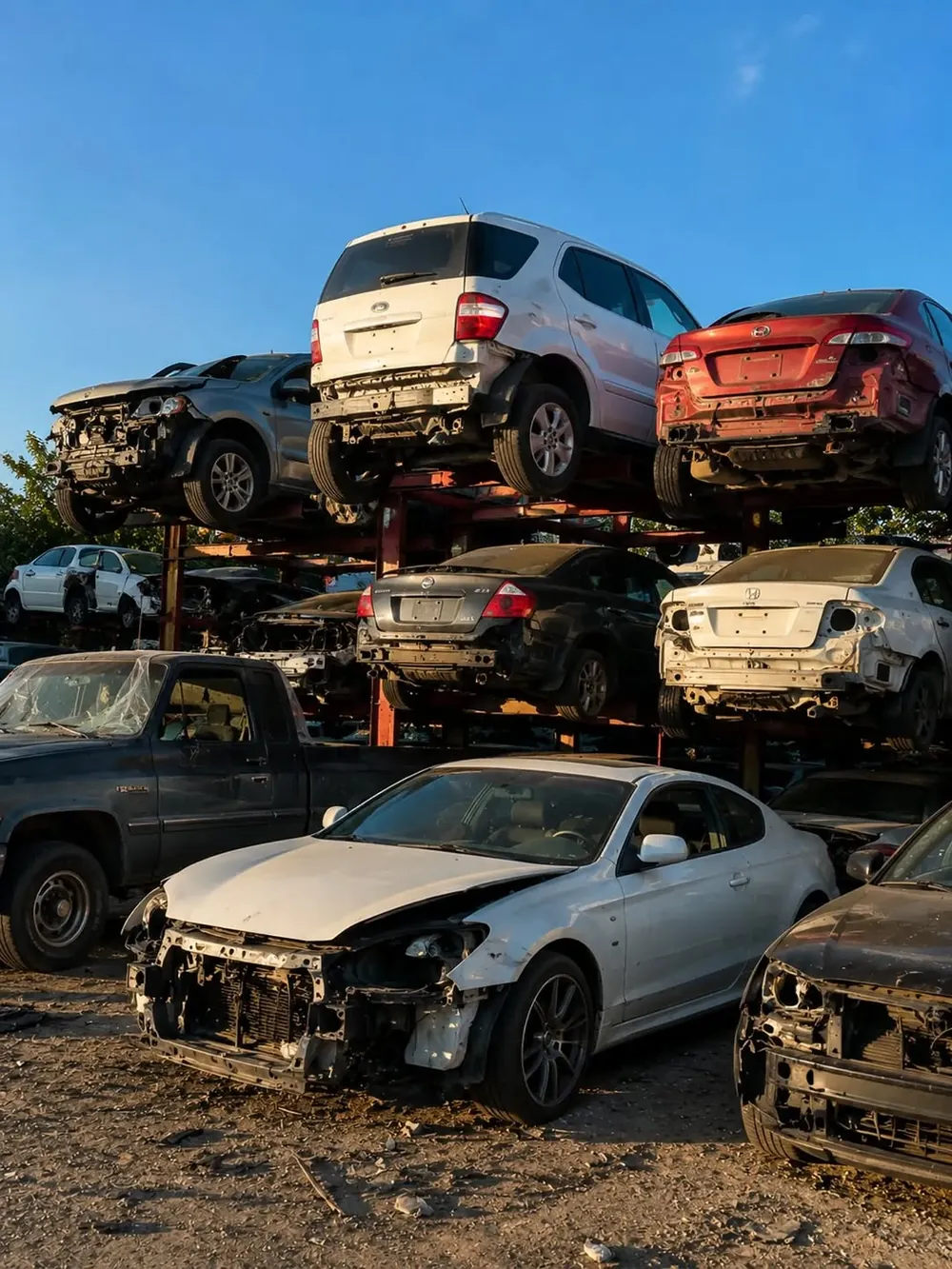 Carros chocados apilados en dos niveles sobre racks de acero en la yarda